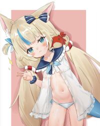 1girl absurdres animal_ear_fluff animal_ears bikini blonde_hair blue_bikini blue_bow blue_eyes blue_hair blue_sailor_collar blush border bow cat_ears closed_mouth collarbone commentary cowboy_shot crab dress english_commentary flat_chest frilled_bikini frilled_dress frilled_sailor_collar frills hair_bow highres indie_virtual_youtuber leaning_to_the_side lifebuoy_hair_ornament long_hair looking_at_viewer low_twintails multicolored_hair navel one_side_up open_clothes open_dress outside_border panties pink_background sachi_(2609838021) sailor_collar sameko_saba side-tie_bikini_bottom simple_background solo streaked_hair string_bikini striped_bikini striped_clothes swimsuit tail twintails two-tone_hair underwear v very_long_hair white_border white_dress