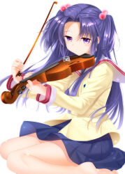 Rule 34 | 1girl, absurdres, barefoot, blue hair, blue skirt, blush, bow (music), clannad, closed mouth, commentary request, commission, expressionless, eyelashes, eyes visible through hair, feet out of frame, fingernails, floating hair, from side, hair between eyes, hair bobbles, hair ornament, hands up, highres, hikarizaka private high school uniform, holding, holding bow (music), holding instrument, ichinose kotomi, instrument, jacket, long hair, long sleeves, looking down, miniskirt, otou (otou san), pleated skirt, purple eyes, sailor collar, school uniform, serafuku, sidelocks, simple background, sitting, skirt, soles, solo, two side up, very long hair, violin, wariza, white background, white sailor collar, yellow jacket