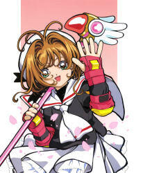 1990s_(style) 1girl :d absurdres antenna_hair arm_guards black_shirt brown_hair cardcaptor_sakura fuuin_no_tsue green_eyes hair_intakes hat highres kinomoto_sakura looking_at_viewer necktie official_art open_mouth petals pink_background pink_petals pleated_skirt retro_artstyle sailor_collar scan school_uniform serafuku shirt short_hair skirt smile solo takahashi_kumiko tomoeda_elementary_school_uniform tomoeda_middle_school_uniform waving white_hat white_necktie white_sailor_collar white_skirt