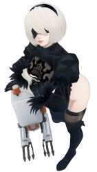 2b_(nier:automata) black_blindfold black_gloves black_thighhighs blindfold gloves highres looking_at_viewer mitsuki_nite nier:automata nier_(series) pod_(nier:automata) thighhighs white_background white_hair