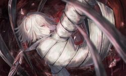 1girl arm_up blue_eyes coat faust_(project_moon) glass_shards highres kishimen_hair limbus_company looking_at_viewer open_mouth project_moon short_hair sidelocks solo thoracalgia_(e.g.o) white_coat white_hair york0pm