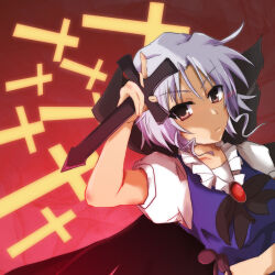 Rule 34 | 1girl, black cape, black ribbon, brooch, brown eyes, cape, collared shirt, commentary request, cross, doll, dutch angle, gem, high collar, holding, holding cross, jewelry, looking at viewer, muse (seihou), neck ribbon, nicoseiga 2423768, puffy short sleeves, puffy sleeves, purple hair, purple vest, red background, ribbon, seihou, shirt, short hair, short sleeves, solo, vest, voodoo doll, white shirt