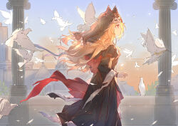 1girl absurdres archetto_(arknights) archetto_(glory_of_the_devout)_(arknights) arknights bird black_dress chinese_commentary commentary_request dress from_side highres long_hair nun official_alternate_costume orange_hair red_eyes sao7 solo