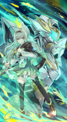 1girl absurdres aqua_skirt armor black_hairband black_jacket black_thighhighs blue_pupils closed_mouth cropped_jacket firefly_(honkai:_star_rail) full_body geez green_background green_light grey_hair hairband henshin_pose highres honkai:_star_rail honkai_(series) jacket light_particles long_hair looking_at_viewer mecha multicolored_eyes neckerchief orange_neckerchief purple_eyes robot sam_(honkai:_star_rail) shirt signature skirt solo thighhighs two-tone_eyes white_armor white_shirt
