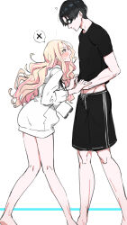 1boy 1girl ? bare_legs barefoot black_hair black_shirt black_shorts blonde_hair blush commentary_request gakuen_idolmaster goggles hetero highres idolmaster jacket juo_sena kasasagi_(futagodori888) long_hair producer_(idolmaster) profile shirt short_hair shorts spoken_x swim_goggles very_long_hair white_jacket