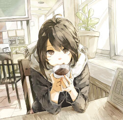 1girl ahoge bad_tag black_coat black_hair, brown_eyes brown_hair cafe ceiling_light closed_mouth coat coffee cup day drink drinking elbows_on_table eyelashes fringe_trim holding holding_cup holding_drink indoors kujyoo long_sleeves looking_at_viewer menu mug original pink_skirt plant pleated_skirt potted_plant scarf short_hair skirt solo swept_bangs tile_floor tiles upper_body white_scarf window,