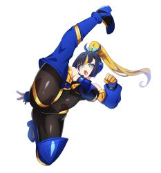 1girl armor ass bare_shoulders black_bodysuit black_hair blonde_hair blue_armor blue_boots blue_eyes blue_sleeves bodysuit boots br1ske7 breastplate breasts commentary_request covered_navel detached_sleeves floating_hair gloves high_ponytail highres incoming_kick kamen_rider kamen_rider_jeanne kamen_rider_revice large_breasts leg_up looking_at_viewer multicolored_hair open_mouth ponytail rider-tan sideboob solo teeth thigh_boots tokusatsu upper_teeth_only white_background white_streaks yellow_gloves yellow_trim