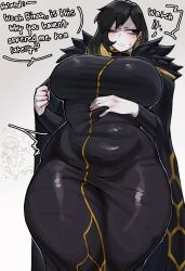 1boy 1girl absurdres binah_(project_moon) black_cape black_coat black_dress black_eyes black_hair blonde_hair blush breasts cape clenched_hand closed_mouth coat colored_inner_hair commentary curvy dress earrings english_commentary english_text fur-trimmed_cape fur-trimmed_coat fur_trim hand_on_own_stomach hexagon_print highres jewelry lapels large_breasts library_of_ruina long_hair long_sleeves looking_to_the_side mole mole_under_eye multicolored_hair one_eye_closed partially_shaded_face plump project_moon renata11033 shiny_clothes simple_background sinclair_(project_moon) solo solo_focus speech_bubble sweat sweatdrop technology_liberation_alliance_(identity)_(project_moon) thick_thighs thighs white_background wide_hips