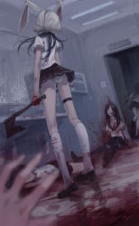 4girls animal_ears axe black_hair blood blood_on_face blood_stain blurry broken broken_glass death depth_of_field doubt_(rabbit_doubt) dutch_angle fake_animal_ears glass guro highres kneehighs kneepits loafers long_hair lying mirror multiple_girls original panties pantyshot rabbit_ears running school_uniform serafuku shoes short_sleeves silverwing sitting skirt socks thigh_strap thighhighs underwear violence weapon white_panties white_socks