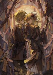 09gugugu 1boy 1girl black_sash blonde_hair brown_pants brown_robe don_quixote_(project_moon) double_bun e.g.o_(project_moon) flower hair_bun highres limbus_company looking_at_another necktie pants pinstripe_coat project_moon red_flower red_necktie red_rose red_sheet_(e.g.o) robe rope rose sash short_hair sinclair_(project_moon) standing talisman upper_body yellow_eyes