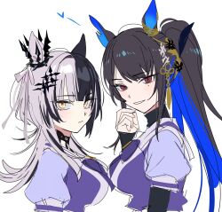 2girls animal_ears black_hair blue_hair green_ribbon grey_hair hair_ribbon heart highres hololive hololive_english horse_ears horse_girl long_hair looking_at_viewer mole mole_under_eye multicolored_hair multiple_girls nerissa_ravencroft ponytail purple_shirt red_eyes ribbon school_uniform shiori_novella shirt slit_pupils split-color_hair tracen_school_uniform two-tone_hair umamusume virtual_youtuber yellow_eyes yomosaka