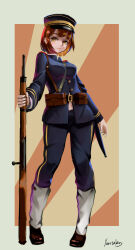 1girl absurdres ammunition_pouch arisaka bandolier belt bolt_action breasts brown_eyes brown_hair full_body gun hat highres kepi medium_breasts military_hat military_uniform original pouch rifle russo-japanese_war signature weapon white_background youotaku
