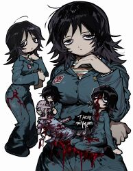 Rule 34 | 1boy, 1girl, absurdres, amputee, anya (mouthwashing), bandaged head, bandages, black eyes, black hair, blood, blood on clothes, blood on face, bloody bandages, blue eyes, blue jumpsuit, burn scar, carrying, chibi, collared jumpsuit, crying, curly (mouthwashing), curly (post-crash) (mouthwashing), disfigured, english text, exposed muscle, frown, highres, holding, hospital gown, jihecchi, jumpsuit, long sleeves, looking at viewer, medium hair, mouthwashing, no lips, no skin, open mouth, quadruple amputee, scar, shirt, simple background, skinned, speech bubble, striped clothes, teeth, white background
