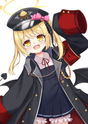 1girl :d absurdres ak13077 black_coat black_hat black_ribbon black_skirt blonde_hair bloomers blue_archive blush bow coat collared_shirt commentary cowboy_shot demon_girl demon_tail demon_wings eyelashes hair_between_eyes hair_ribbon halo hand_up happy hat hat_bow hat_ornament heart heart_hat_ornament high-waist_skirt highres ibuki_(blue_archive) long_hair looking_at_viewer low_wings neck_ribbon open_clothes open_coat open_mouth peaked_cap pink_bow pleated_skirt red_ribbon ribbon shirt simple_background skirt sleeves_past_fingers sleeves_past_wrists smile solo tail tareme twintails underwear white_background white_bloomers white_shirt wings yellow_eyes yellow_halo