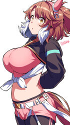 1girl :o ahoge animal_ears belko blush breasts brown_eyes brown_hair dantsu_flame_(umamusume) ear_covers highres horse_ears horse_girl horse_tail large_breasts looking_at_viewer midriff multicolored_hair parted_lips pink_shorts shorts simple_background solo stomach tail umamusume umamusume:_beginning_of_a_new_era white_background white_hair