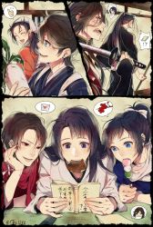 10s 1girl 6+boys anger_vein angry blue_eyes blush crossover daikon dango earrings eating food hair_ornament hairclip high_ponytail hijikata_toshizou_(peace_maker_kurogane) horikawa_kunihiro izumi-no-kami_kanesada jewelry kashuu_kiyomitsu letter love_letter mole mole_under_eye mole_under_mouth multiple_boys nail_polish nozacchi okita_souji_(peace_maker_kurogane) peace_maker_kurogane ponytail radish reading red_eyes red_nails sanshoku_dango scarf shinsengumi tatami thumbs_up touken_ranbu twitter_username wagashi yamato-no-kami_yasusada yamazaki_ayumu
