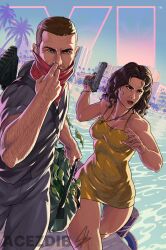 Rule 34 | 1boy, 1girl, absurdres, acezdib, artist name, beach, beretta 92, building, dark-skinned female, dark skin, dress, gold dress, grand theft auto, grand theft auto vi, gun, handgun, highres, holding, holding gun, holding weapon, jason duval, lucia caminos, medium hair, miami, money bag, short hair, signature, watermark, weapon