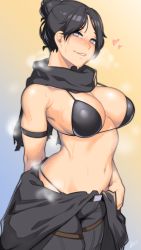 1girl absurdres animification apex_legends armlet bare_shoulders bikini black_bikini black_hair black_pants black_scarf blush breasts camouflage_scarf cleavage dyun grey_eyes hair_bun heart highres jewelry large_breasts navel pants parted_bangs parted_lips scarf seductive_smile single_hair_bun smile stomach sweat swimsuit thong_bikini whale_tail_(clothing) wraith_(apex_legends)