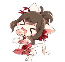 &gt;_&lt; 1girl animal_costume animal_ears animal_hands arm_bow bare_shoulders bikini blush_stickers bow brown_hair cat_costume cat_ears cat_girl cat_tail chibi fake_animal_ears fake_tail fang fishnet_thighhighs fishnets flower frilled_straps gloves hair_bow happy head_tilt high_ponytail idolmaster idolmaster_cinderella_girls leg_up lowres maekawa_miku navel open_mouth paw_gloves paw_pose paw_shoes pink_bikini pink_sarong ponytail red_bow red_flower red_rose red_thighhighs rose sarong shoes short_hair short_ponytail simple_background smile solo stomach swept_bangs swimsuit tail thighhighs usoneko white_background white_gloves white_shoes