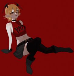 1girl :p anemoneeanemone bare_arms bare_shoulders belt black_belt black_boots black_choker black_gloves black_skirt black_thighhighs blonde_hair boots borrowed_character breasts choker clothes_writing crop_top ear_piercing full_body gloves hair_between_eyes head_wings highres leaning_back long_pointy_ears looking_at_viewer medium_breasts midriff navel original piercing pointy_ears red_background scarlett_(justadrian) shirt short_hair simple_background sitting skirt sleeveless sleeveless_shirt solo thighhighs tongue tongue_out wings yellow_eyes