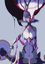 1girl absurdres bare_shoulders black_gloves breasts commentary dress elbow_gloves evil_smile fate/grand_order fate_(series) fingerless_gloves gloves grey_background grey_skirt highres looking_at_viewer parted_lips pelvic_curtain purple_eyes sasamekd shaded_face shadow short_hair sideless_dress skirt smile solo third_eye ushi_gozen_(avenger)_(fate) ushi_gozen_(avenger)_(third_ascension)_(fate) ushi_gozen_(fate) white_dress white_hair