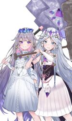 Rule 34 | 2girls, absurdres, blue eyes, braid, castellayaki, cosplay, costume switch, doll joints, dress, elden ring, elden ring nightreign, grey hair, head wreath, highres, hololive, hololive english, huge weapon, joints, koseki bijou, koseki bijou (1st costume), koseki bijou (cosplay), long hair, multiple braids, multiple girls, over shoulder, purple eyes, revenant (elden ring), revenant (elden ring) (cosplay), scowl, smile, trait connection, very long hair, virtual youtuber, war hammer, weapon, weapon over shoulder, white background, white dress, white hair