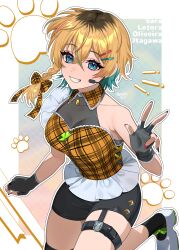 1girl absurdres alternate_costume aqua_hair arm_at_side asymmetrical_clothes asymmetrical_hair bare_arms bare_shoulders bike_shorts black_gloves black_shorts black_socks blonde_hair blue_eyes bodice braid breasts character_name clenched_teeth collarbone commentary_request cowboy_shot crossed_bangs english_text eyelashes fingerless_gloves gloves hair_ornament hairclip hand_up headset highres idol idol_clothes idolmaster idolmaster_va-liv kamiya_ei letora_(idolmaster) long_bangs looking_at_viewer medium_breasts microphone multicolored_hair multicolored_nails notice_lines open_mouth paw_print roots_(hair) shoes shorts side_braid skin_tight sleeveless smile socks solo standing standing_on_one_leg streaked_hair teeth v virtual_youtuber white_shoes zipper