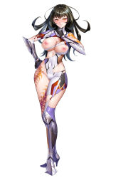 1girl asymmetrical_legwear bodysuit boots breasts female_focus full_body hand_on_own_hip highres large_breasts leg_tattoo lilith-soft long_hair looking_at_viewer naughty_face nipples shiny_clothes simple_background smile solo soma_narumi standing taimanin_(series) taimanin_rpgx tattoo torn_clothes uneven_legwear wardrobe_malfunction white_background zol