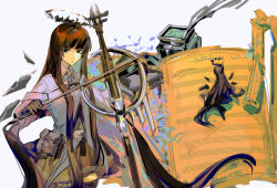 1girl arknights ascot belt belt_buckle belt_pouch black_ascot black_bustier black_eyes black_gloves black_hair black_halo black_pouch black_skirt black_thighhighs black_wings blunt_bangs bow_(music) breasts broken_halo buckle bustier cello chinese_commentary closed_mouth collared_jacket commentary_request dark_halo detached_wings dress_shirt energy_wings expressionless floating_hair flower from_side gloves grey_shirt hair_spread_out halo hands_up highres hime_cut holding holding_bow_(music) holding_instrument holding_violin inkwell instrument jacket kneeling layered_sleeves long_hair long_sleeves looking_at_viewer medium_breasts miniskirt mole mole_under_eye multiple_views music musical_note playing playing_instrument pleated_skirt pouch quill shirt short-sleeved_jacket short_over_long_sleeves short_sleeves sidelocks silhouette simple_background skirt musical_staff standing thighhighs very_long_hair violin virtuosa_(arknights) weibo_7560517803 white_background white_belt white_jacket wide_sleeves wing_collar wings zettai_ryouiki
