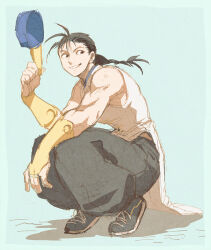 Rule 34 | 1boy, arm on knee, bare shoulders, baseball cap, black hair, black pants, blue background, braid, bridal gauntlets, chinese clothes, commentary request, grin, hat, holding, holding unworn clothes, holding unworn hat, kneeling, looking to the side, male focus, multicolored hat, pants, shadow, shoes, sideways glance, simple background, single braid, sleeveless, smile, sneakers, solo, street fighter, street fighter iii (series), tangzhuang, teeth, unworn hat, unworn headwear, yellow bridal gauntlets, yun lee, yuza