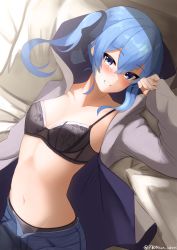 1girl absurdres arm_up bed_sheet black_bra black_panties blue_eyes blue_hair blue_pants blush bra breasts grey_jacket grin hair_ribbon highres hololive hood hooded_jacket hoshimachi_suisei jacket looking_at_viewer lying navel on_back open_fly panties pants panty_peek pillow pyonsan ribbon side_ponytail sidelocks small_breasts smile solo stomach underwear virtual_youtuber wavy_hair