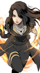 1girl barefoot belt black_coat black_eyes black_gloves black_hair black_pants black_vest butcha-u clair_obscur:_expedition_33 coat commentary english_commentary facial_mark fire gloves hair_over_one_eye highres jacket jewelry looking_at_viewer lune_(clair_obscur:_expedition_33) medium_hair open_clothes open_jacket pants parted_lips pendant shirt signature simple_background solo vest white_background white_shirt