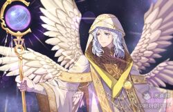 1boy angel_wings blue_eyes brown_shirt closed_mouth collared_shirt expressionless feathered_wings grey_hair hair_between_eyes high_collar highres holding holding_staff jiuya_de_douzi layered_sleeves leonid_(shining_nikki) light_frown light_rays lips long_hair long_sleeves looking_to_the_side loose_hair_strand male_focus mandarin_collar marking_on_cheek mihuashi_logo mihuashi_username multiple_wings nikki_(series) pink_lips pointy_nose robe shining_nikki shirt sidelocks sleeves_past_wrists solo space staff upper_body veil watermark white_robe white_veil white_wings wide_sleeves wings