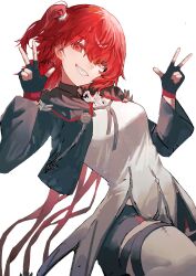 1girl absurdres arknights black_gloves black_jacket black_shorts breasts commentary cropped_jacket cross cross_earrings double_w dutch_angle earrings exusiai_(arknights) exusiai_the_new_covenant_(arknights) fingerless_gloves gloves grin highres jacket jewelry long_sleeves looking_at_viewer medium_breasts one_side_up open_clothes open_jacket red_eyes red_hair sanzuitaroh shirt short_shorts shorts simple_background smile solo symbol-only_commentary w white_background white_shirt