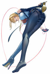1girl absurdres arms_behind_back ass black_pantyhose blonde_hair blue_pantyhose blue_shoes breasts commentary_request commission dutch_angle evelyn_chevalier from_below full_body gloves head_down high_heels highres hitpig large_breasts long_legs looking_at_viewer pantyhose pixiv_commission purple_eyes sagging_breasts shoes simple_background single_glove soles solo taut_clothes white_background zenless_zone_zero