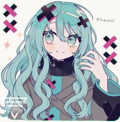 1girl alternate_hairstyle aqua_eyes aqua_hair aqua_nails aqua_trim batsu_miku closed_mouth english_text facing_viewer grey_jacket hair_between_eyes hair_ornament hand_up hatsune_miku high_collar jacket kowareta_sekai_to_utaenai_miku light_blush long_hair long_sleeves maca1227 project_sekai revision sidelocks sideways_glance smile solo sparkle symbol-shaped_pupils twitter_username upper_body vocaloid watermark wavy_hair wide_sleeves x_hair_ornament