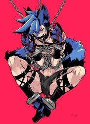 1boy abs animal_ears animal_hands bdsm bit_gag black_boots black_collar black_loincloth blue_eyes blue_hair bondage boots bound chain claws collar fang full_body gag gagged galo_thymos kemonomimi_mode loincloth looking_to_the_side male_focus mohawk promare red_background sideways_glance simple_background solo sweat tail takatsuki_ichi teeth wolf_boy wolf_ears wolf_tail