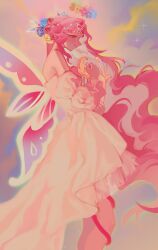 1girl absurdres bare_legs butterfly_wings colored_skin commentary cookie_run cookie_run:_kingdom demon_girl demon_tail dress english_commentary eternal_sugar_cookie eternal_sugar_cookie_(blooming_bringer_of_sloth) highres insect_wings long_hair pink_hair pink_skin smile solo tail very_long_hair white_dress wings zorcha