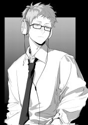 1boy closed_mouth collared_shirt glasses greyscale haikyuu!! headphones highres light_frown long_sleeves looking_ahead male_focus monochrome necktie qchng shirt short_hair solo tsukishima_kei upper_body wing_collar