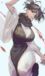 Rule 34 | 1girl, black hair, black scarf, blood, breasts, choso (jujutsu kaisen), cowboy shot, facial mark, genderswap, genderswap (mtf), grey eyes, highres, jujutsu kaisen, large breasts, leg up, mu kmijj, robe, scarf, short twintails, solo, twintails, white background, white robe