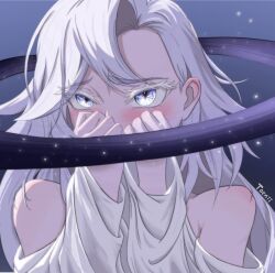 1girl absurdres artist_name blush celenova clothing_cutout colored_eyelashes embarrassed floating_headgear grey_eyes headgear highres honkai:_star_rail honkai_(series) long_hair long_sleeves planetary_ring shoulder_cutout solo toeniichan upper_body white_hair