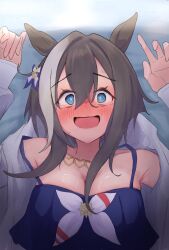 Rule 34 | 1girl, ??! (user xkkz3255), @ @, animal ears, bikini, blue bikini, blush, breasts, brown hair, cheval grand (summer calm navy drop) (umamusume), cheval grand (umamusume), cleavage, commentary request, ear ornament, hair between eyes, highres, horse ears, horse girl, jacket, jewelry, long sleeves, looking at viewer, lying, medium breasts, multicolored hair, necklace, official alternate costume, on back, open clothes, open jacket, open mouth, sidelocks, smile, solo, streaked hair, swimsuit, textless version, umamusume, upper body, white hair