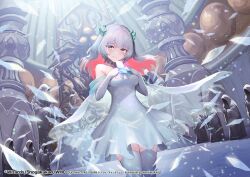 1girl aqua_collar aqua_eyes aqua_gemstone aura blue_hair boots breasts card cloak closed_mouth collarbone copyright_notice crysta_(duel_masters) dress duel_masters duel_masters_lost elbow_gloves full_body gem glass_shards gloves hair_ornament holding holding_card indoors looking_at_viewer multicolored_hair nakamura_eight official_art pink_hair shards statue tears two-tone_hair white_boots white_cloak white_dress white_gloves