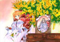 1990s_(style) 2girls age_difference armchair bow brown_hair cabinet cardcaptor_sakura chair child choker clamp dress flower frilled_dress frills grey_hair highres kinomoto_nadeshiko kinomoto_sakura long_hair mother_and_daughter multiple_girls official_art official_wallpaper photo_(object) picture_frame red_upholstery resize retro_artstyle ribbon ribbon_choker rose scan short_hair sitting smile solo