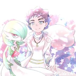 2girls artist_name blue_eyes bob_cut brown_hair coldair_air colored_skin creatures_(company) diantha_(pokemon) dress game_freak gardevoir gen_3_pokemon green_hair green_skin highres jacket jewelry mega_stone multicolored_skin multiple_girls necklace nintendo open_clothes open_jacket pink_eyes pokemon pokemon_(creature) pokemon_xy smile two-tone_skin white_dress white_jacket white_skin