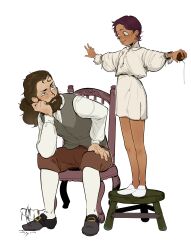 absurdres age_difference bad_tag blouse buckled_shoes dark-skinned_female dark_skin emperor_belos grey_vest highres looking_at_another luz_noceda needle ponytail sewing_needle shirt standing_on_stool the_owl_house udonkokun vest white_shirt