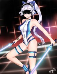 1girl bare_shoulders blue-tinted_eyewear blue_bow blue_one-piece_swimsuit bow breasts collarbone competition_swimsuit dated dual_wielding energy_sword fate/grand_order fate_(series) goggles hair_bow head-mounted_display headphones headset highleg highleg_one-piece_swimsuit highres holding holding_sword holding_weapon long_hair medium_breasts microphone multicolored_swimsuit one-piece_swimsuit ponytail sandals signature silver_hair solo striped_wristband swimsuit sword thigh_strap tinted_eyewear tomoe_gozen_(fate) tomoe_gozen_(swimsuit_saber)_(fate) tomoe_gozen_(swimsuit_saber)_(first_ascension)_(fate) very_long_hair virtual_reality visor vr_visor weapon white_one-piece_swimsuit wristband yayanri