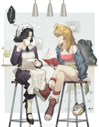 2girls absurdres akechi_(826988799) apron arm_support black_bag black_footwear black_hair blonde_hair blonney blue_eyes blue_jacket blue_shorts boots border camisole carbuncle_(reverse:1999) closed_eyes counter creature crossed_legs cup disposable_cup dress drink drinking_straw face-to-face food full_body grey_background hair_ornament hair_over_one_eye hairclip hanging_light heart high_heels highres holding holding_cup holding_notebook holding_saucer jacket lace-up_boots long_dress long_hair long_sleeves looking_at_another maid maid_headdress mary_janes midriff multiple_girls notebook on_stool one_eye_covered open_mouth photo_(object) pink_camisole plant potted_plant profile purple_dress red_footwear red_socks reverse:1999 sandwich saucer shoes short_hair shorts single_bare_shoulder single_off_shoulder sitting socks speech_bubble tuesday_(reverse:1999) watermark weibo_watermark white_apron white_border