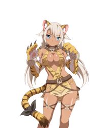 1girl animal_ears animal_hands blue_eyes claws evil_smile grey_hair highres leash official_art sakura_dungeon smile sprite tail tall_female tan tiger_(sakura_dungeon) tiger_ears tiger_paws tiger_tail wanaca
