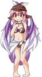 1girl animal_ears bad_feet barefoot bikini blush brown_bikini earrings embarrassed female_focus full_body fun_bo hat jewelry marisa_to_alice_no_cookie_storia mob_cap mystia_lorelei navel pigeon-toed pink_hair sarong short_hair simple_background solo swimsuit touhou white_background winged_hat wings